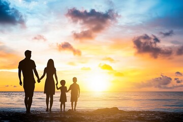 Silhouette of a family holding hands at sunset by the ocean, with space for text. Parents and children enjoy a beautiful sunset over the sea.