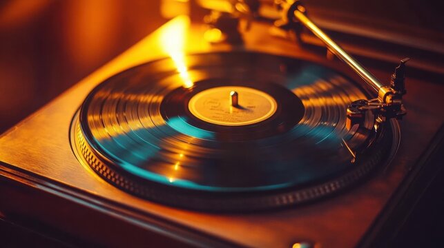 A vintage vinyl record player with an old record spinning slowly under warm, nostalgic lighting