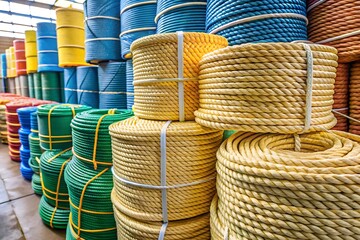Rolls of polyethylene rope stacked in a hardware store, Giant fiber rope, Nylon rope strong and thickness bundling, Bundling rope.