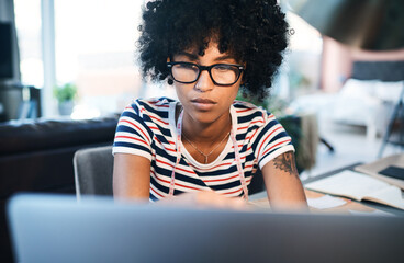 Laptop, research and woman with glasses, creative and inspiration for fashion designer and online....