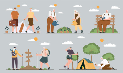 Seniors enjoying outdoor activities in nature. Vector illustrations.