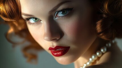 Fototapeta premium A woman dressed in classic Old Hollywood glamour, with elegant curls and a pearl necklace, but with modern makeup styles and vibrant colors
