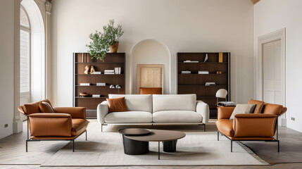 Fototapeta premium stylish living room featuring modern pastel sofa and armchairs, complemented by elegant decor and natural light, creating warm and inviting atmosphere