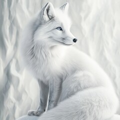 A serene white fox sitting gracefully against a soft, textured background.