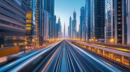 Naklejka premium Train transportation line connecting various parts of the city is surrounded by skyscrapers