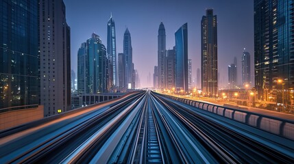 Fototapeta premium Train transportation line connecting various parts of the city is surrounded by skyscrapers