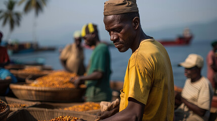 man working diligently at bustling cargo port in tropical region, surrounded by baskets filled with goods. vibrant atmosphere reflects hard work and dedication of local community