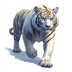 Fototapeta premium A realistic depiction of a white tiger walking, showcasing its majestic features and colors.