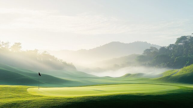 A picturesque golf course during a misty morning with dew-covered fairways, Golf clubs positioned amidst fog and rolling hills, Misty morning elegance style