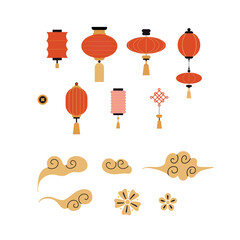 Chinese lantern banner. Traditional red Asian lamps. New year celebration. Contemporary decorative elements. Festive garland. Minimalist geometric design vector cartoon flat isolated 2025 illustration