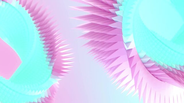Digital seamless loop animation of a spiral figure in the shape of a Mebius ring, consisting of many sharp pink and blue pyramids. 3d rendering. 4K, Ultra HD resolution