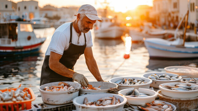 fisherman prepares fresh seafood at bustling port in Mediterranean city during sunset, showcasing vibrant atmosphere and rich culture of area