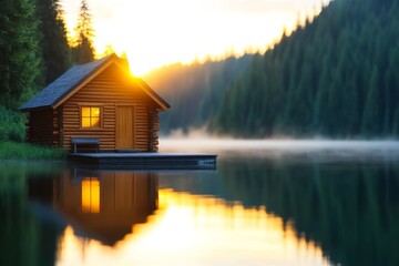 Fototapeta premium Serenity at Sunset A Cozy Cabin by the Lakeside