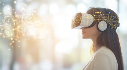 businesswoman wearing virtual reality goggles is immersed in digital experience, with glowing circuit patterns symbolizing technology and innovation