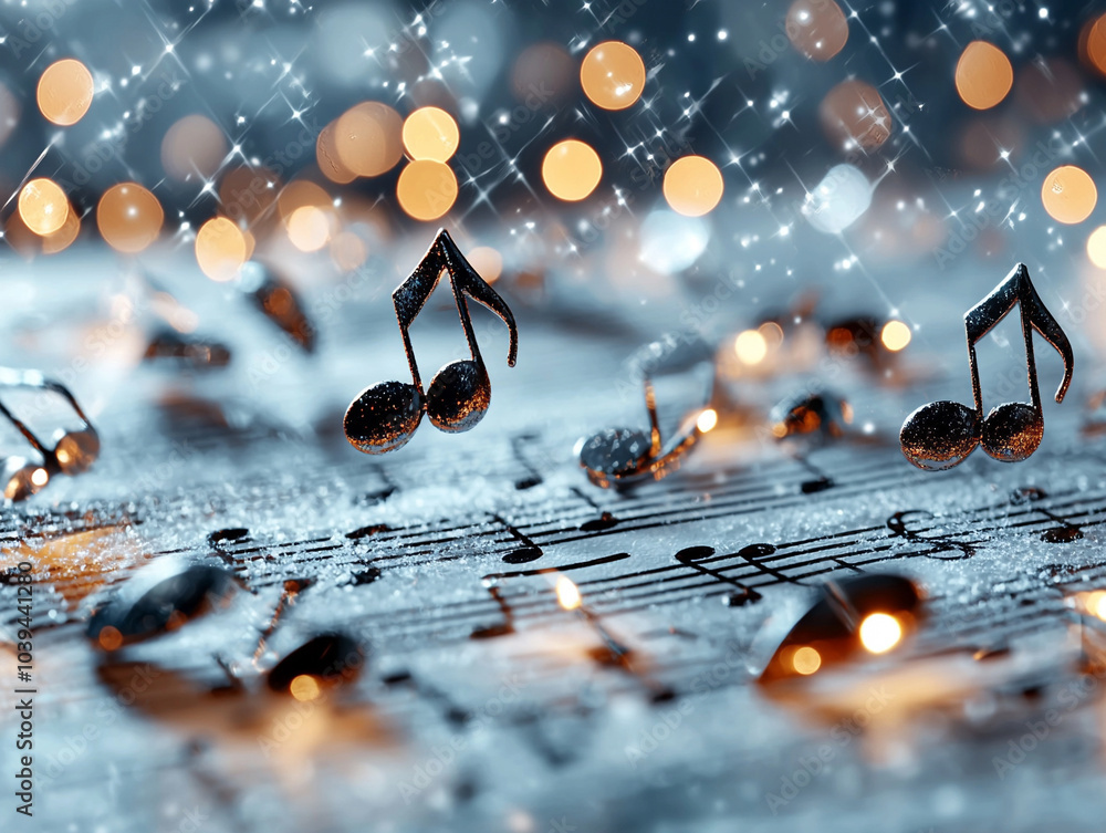 Poster vibrant musical notes abstract composition with sparkling lights and soft focus creating an enchanti