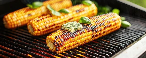 Grilled corn on the cob with herbs, vibrant and appetizing, perfect for summer barbecues.
