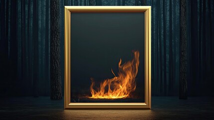 Fototapeta premium A golden frame containing a vibrant flame, set against a dark forest backdrop, creating an intriguing visual contrast that captivates the viewer.
