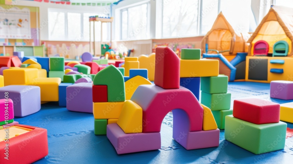 Poster a playful daycare center with toddlers building structures from soft foam blocks, blocks arranged fo