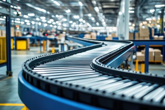 Modern conveyor belt system in a busy warehouse