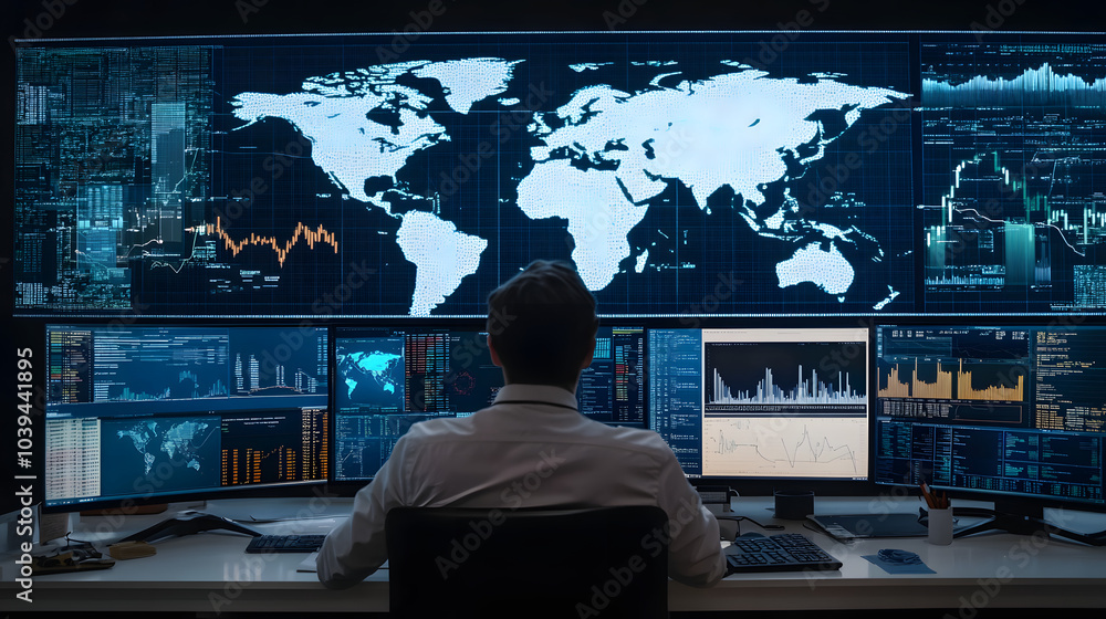 Aufkleber a person analyzes market data on multiple screens in front of a world map, surrounded by financial c