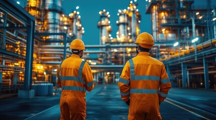 Workers observing a vibrant industrial facility at dusk