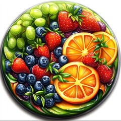 A vibrant arrangement of various fruits, showcasing strawberries, oranges, grapes, and blueberries.