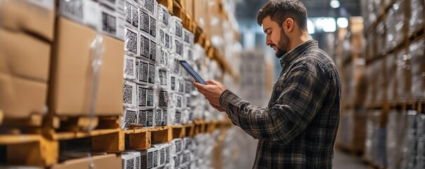 Warehouse worker scanning inventory with a tablet