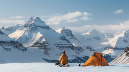 serene campsite set up on snow covered mountain ridge, showcasing person in orange jacket sitting peacefully in front of bright orange tent. breathtaking view of majestic snow capped peaks creates
