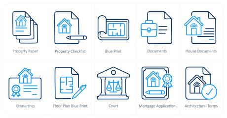 A set of 10 Real Estate icons as property paper, property checklist, blue print