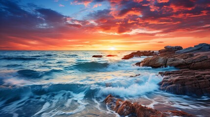 Obraz premium A panoramic view of a stunning sunset over the sea with a blue sky