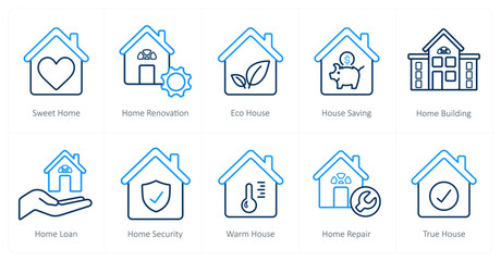 Fototapeta premium A set of 10 Real Estate icons as sweet home, home renovation, eco house