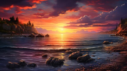 Fototapeta premium A peaceful evening with a vibrant sunset over the calm sea
