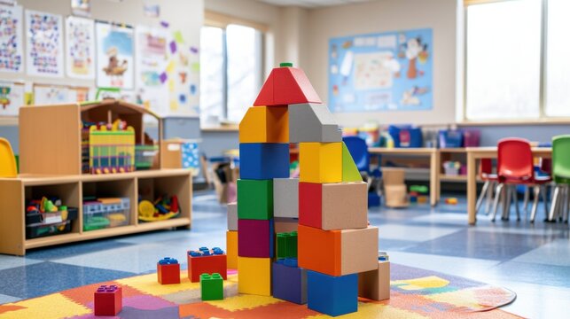 A playful kindergarten classroom with children building imaginative structures from blocks, Blocks stacked in creative formations, Early childhood education style