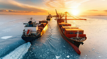 Fototapeta premium stunning view of cargo ships navigating through icy waters at sunset, showcasing industrial activity in northern region. vibrant colors of sky reflect on water, creating serene yet dynamic