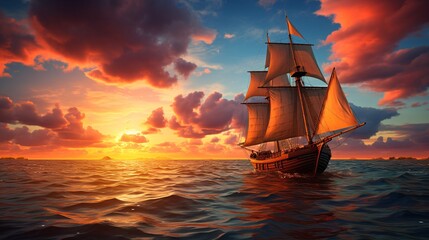 Fototapeta premium A lone sailboat on the sea with a beautiful sunset in the background