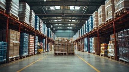 Fototapeta premium Organized warehouse interior with stacked pallets and shelves