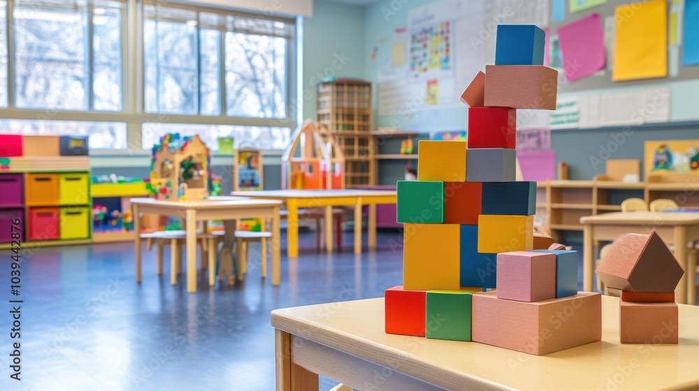 Aufkleber a playful kindergarten classroom with children building imaginative structures from blocks, blocks s