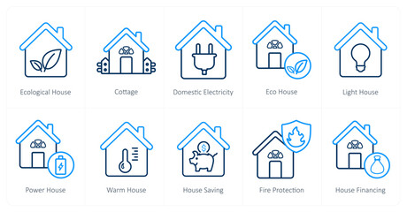 Fototapeta premium A set of 10 Real Estate icons as ecological house, cottage, domestic electricity