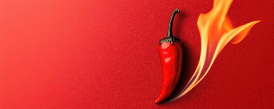 Vibrant red chili pepper with a flaming effect on a bright red background, symbolizing heat and spice in culinary creations.
