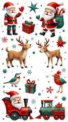 Naklejka premium Set of 3d colorful stickers Christmas decorative banner with funny Santa Claus, locomotive and gift boxes and deer, on white background