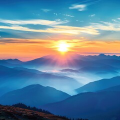 Obraz premium Majestic Sunrise Over a Serene Mountain Range, Capturing the Tranquility and Beauty