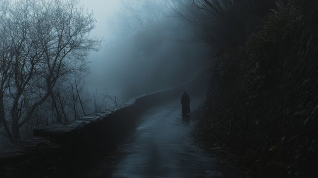  A person stands in a forest road, shrouded in foggy, dreary conditions