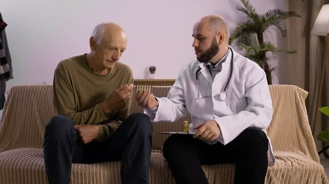 healthcare and medicine concept. Caucasian doctor talking senior man about indications and contraindications of new medicine.