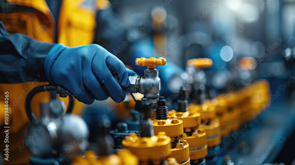 Poster close up of worker inspecting pipelines and adjusting valves in industrial setting, showcasing preci