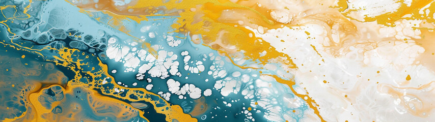 Fluid abstract teal and gold paint splashes with white circular patterns. Banner or header 