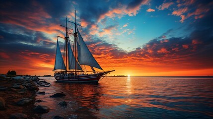 Obraz premium The sky ablaze with color as the sun sets over the tranquil sea