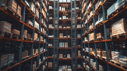 Obraz premium A bustling logistics hub with shelves meticulously stacked with various products, symbolizing the efficiency of global supply chains, photography style