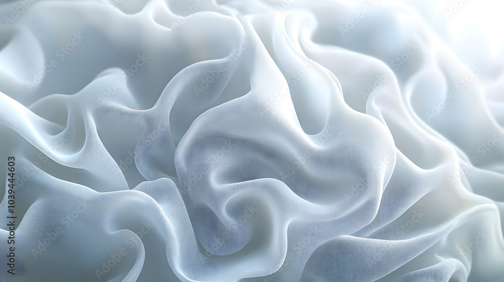 Poster a close-up of a delicate, ruffled white surface, showcasing soft textures and curves, creating an et