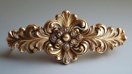 Rare gold brooch with antique ornamentation featuring oldworld charm and intricate craftsmanship showcased elegantly on a plain neutral background