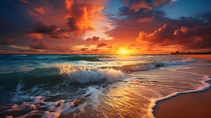 The sun dipping below the horizon with waves gently lapping the shore